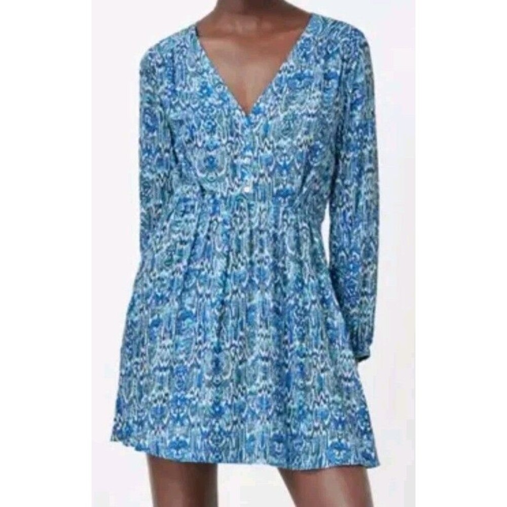Zara Mini Dress Size L V Neck Long Sleeve Paisley Pleaded Front Blue